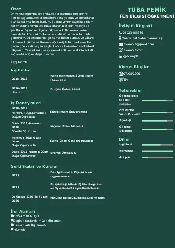 Fen Bilgisi Öğretmeni CV Örnekleri cv indir